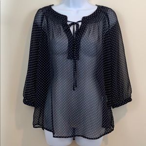 19 Cooper Sheer Black White Polka Dot Shirt  Sz M